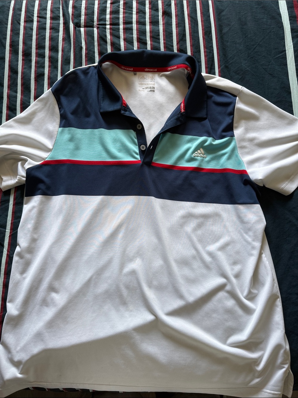 adidas White Navy Mint Striped Polo with Red Accent